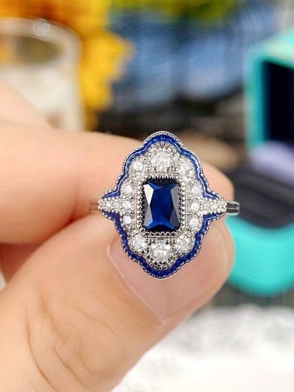 Sapphire & Moissanite Diamond Silver Vintage STYLE Ring